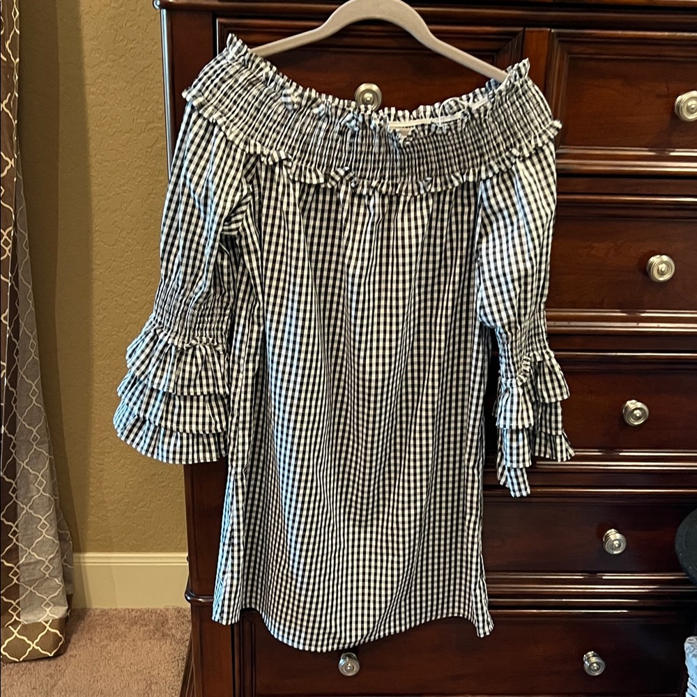 Black and White Gingham Off-Shoulder Dress
